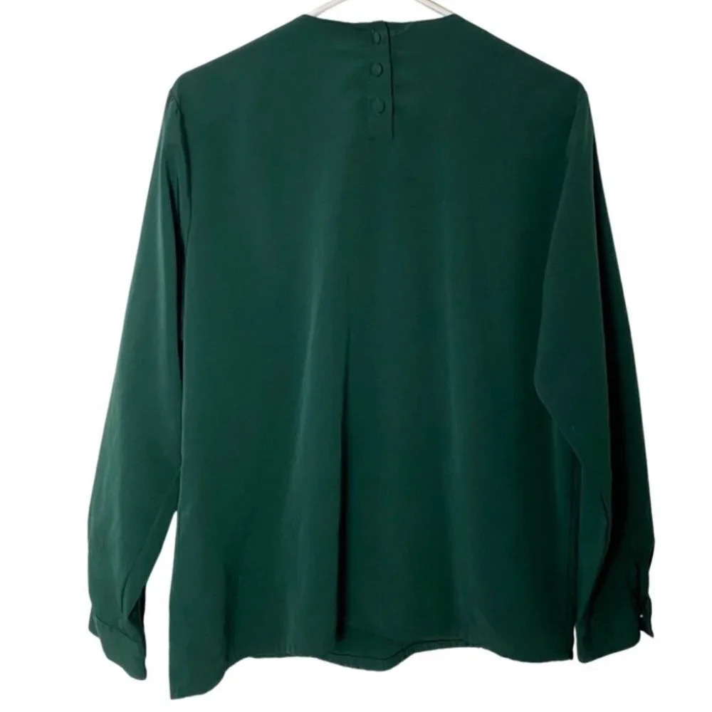 Vintage 80s Granny Pintuck Pleated Blouse Size 12 Large Hunter Green Matte Satin - Picture 2 of 10
